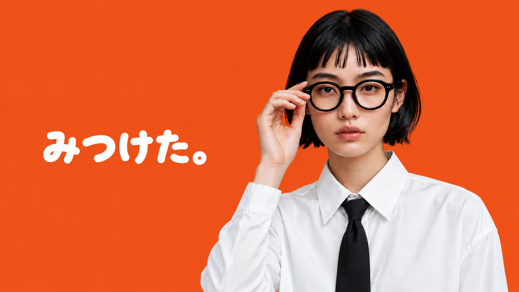 オレンジの背景に眼鏡をかけた女性と「みつけた。」の文字